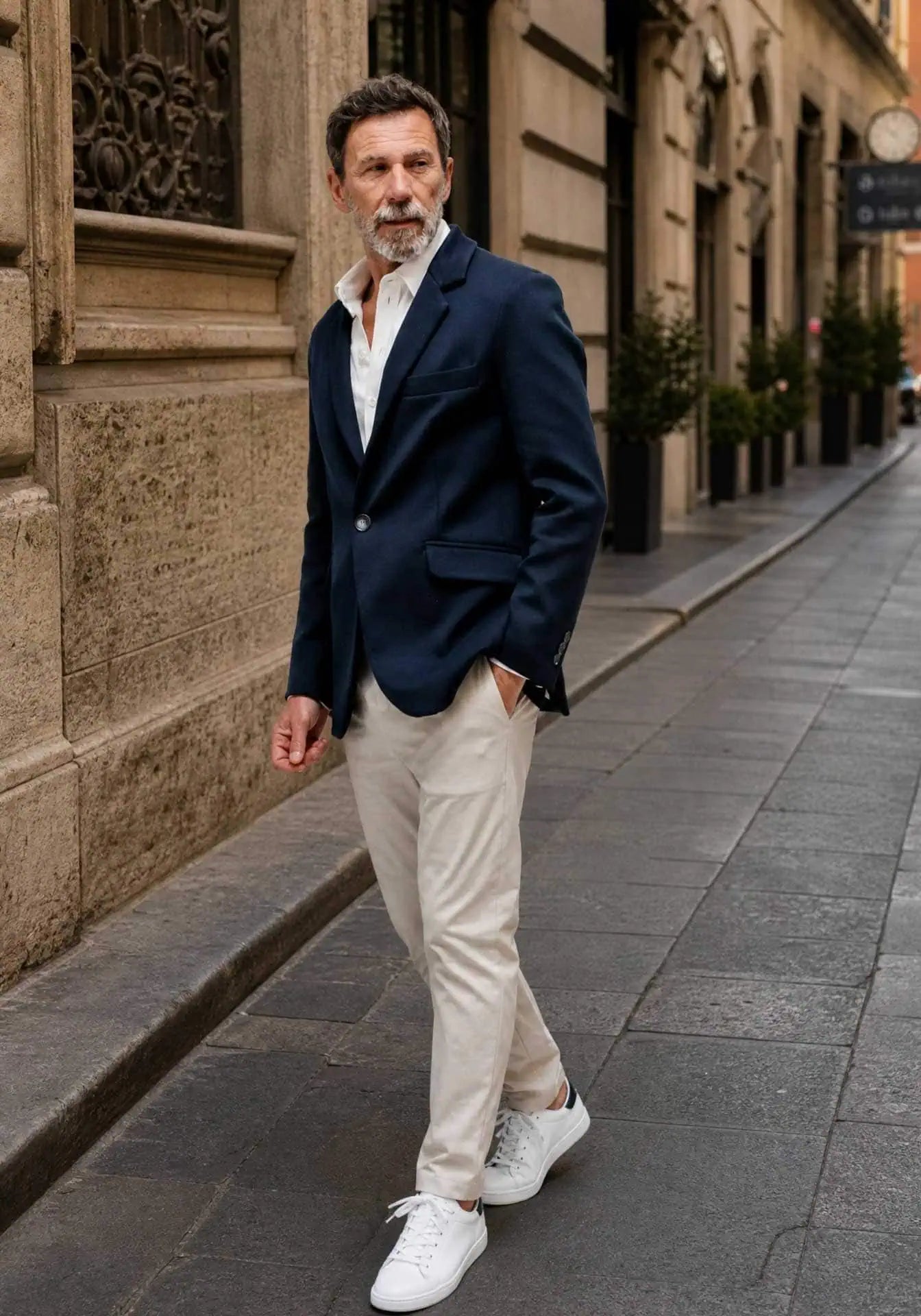 A man wearing a blue Punto Milano handmade jacket and cream gabardine pants walking in the streets of Milano Italy