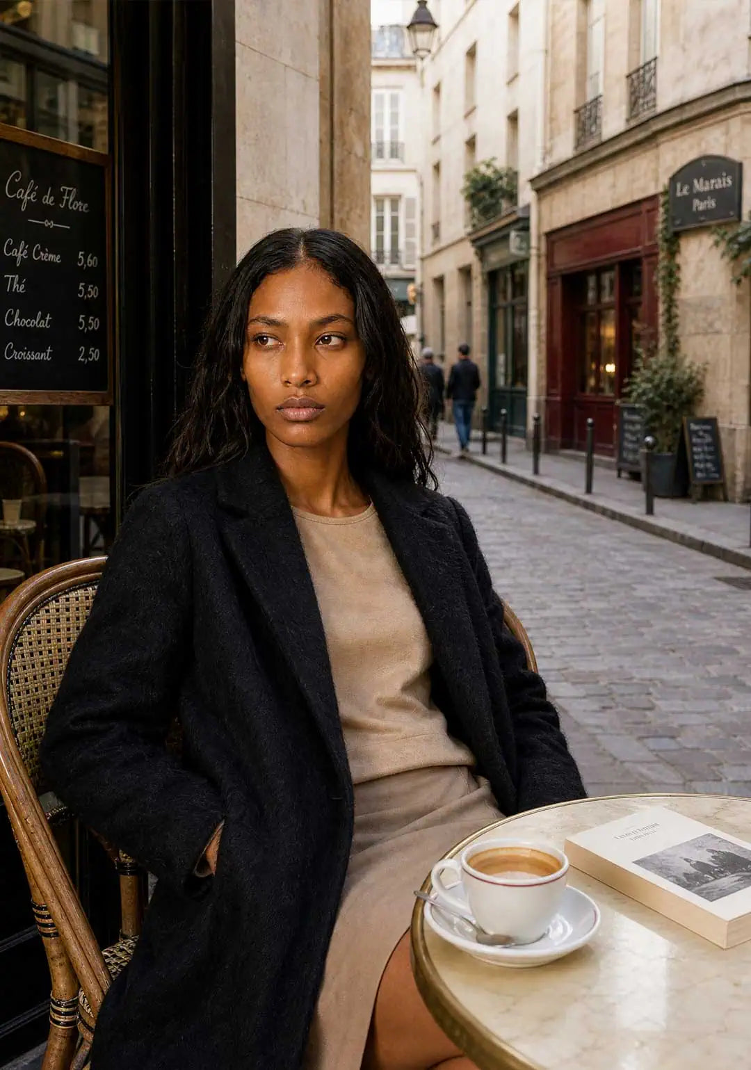 A woman wearing a black alpaca short winter coat having a coffee in Le La Marais in Paris