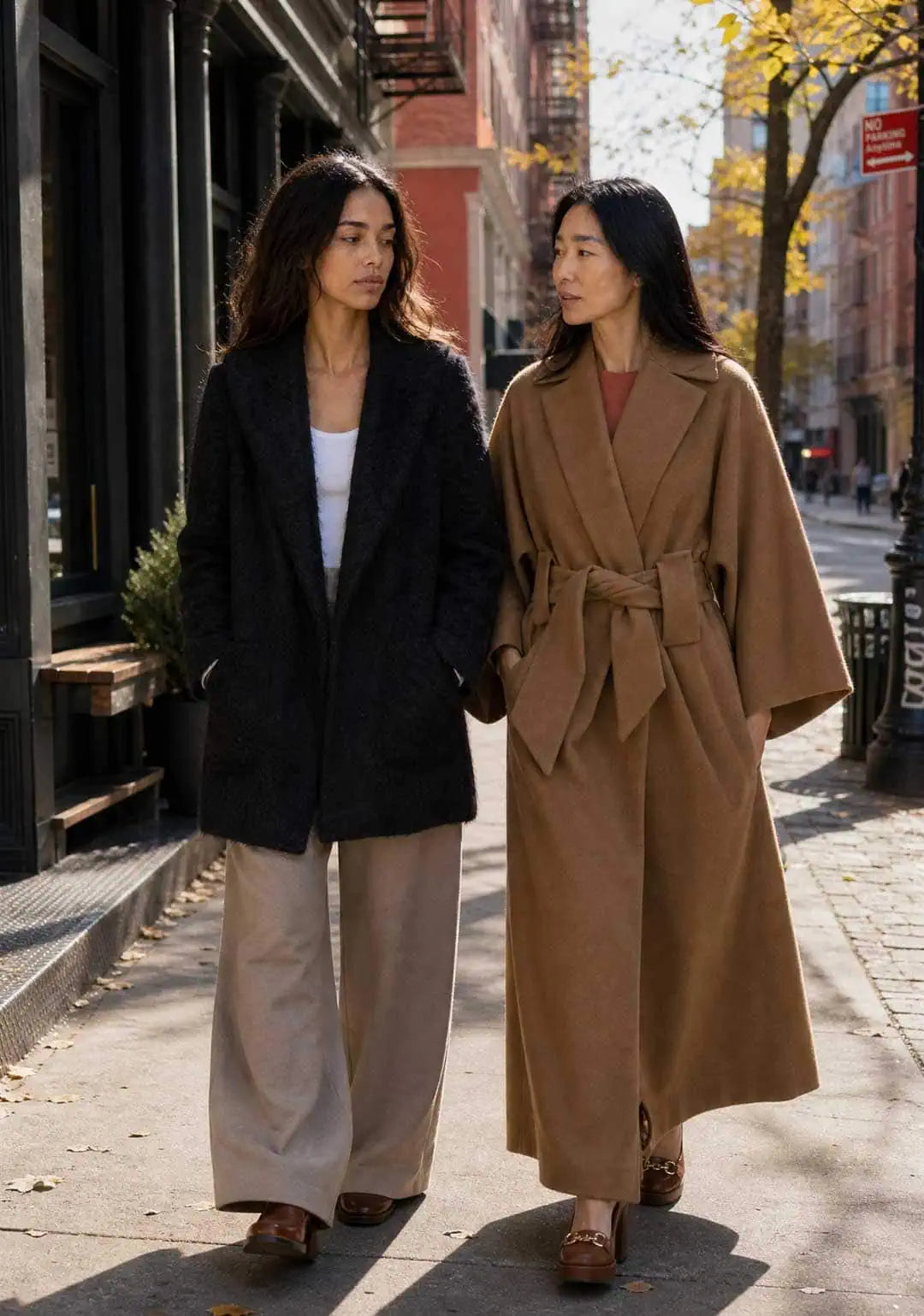 12 Best Women's Winter Coats for Real Life. two women walking in NYC wearing a long kimono camel coat and a short black alpaca winter coat.