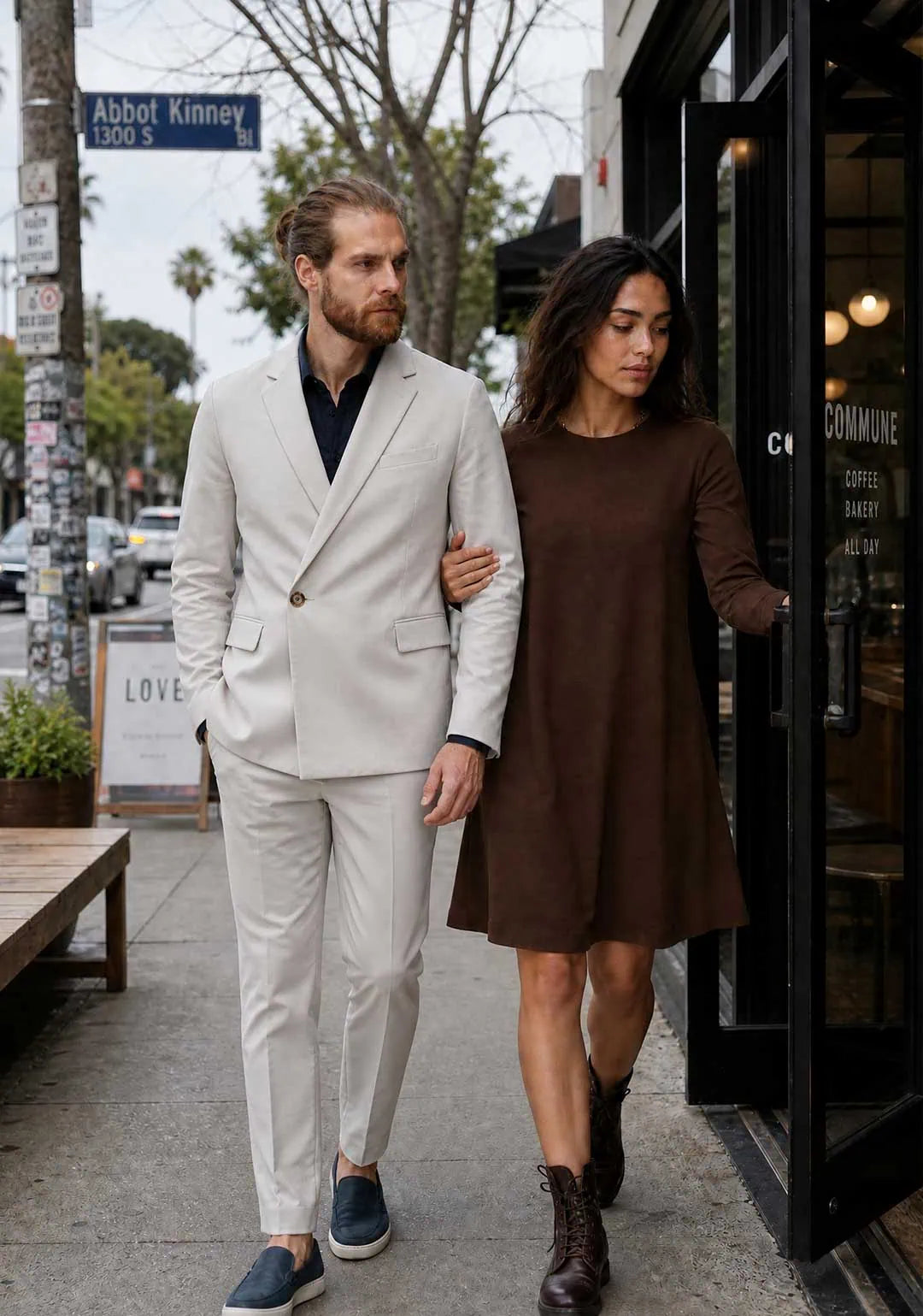 A Los Angeles Winter Wardrobe That Works. Man and woman walking on Abbot Kinney in Venice Beach wearing Humans & Land