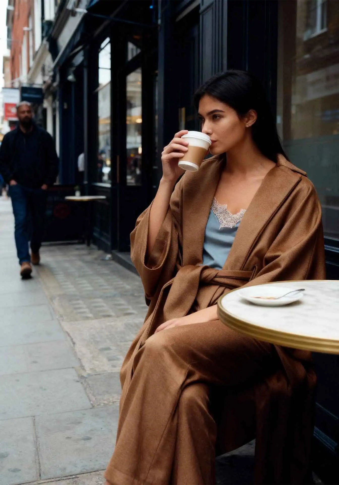 A woman wearing an H&L camel Kimono jacket at a caffè in Europe