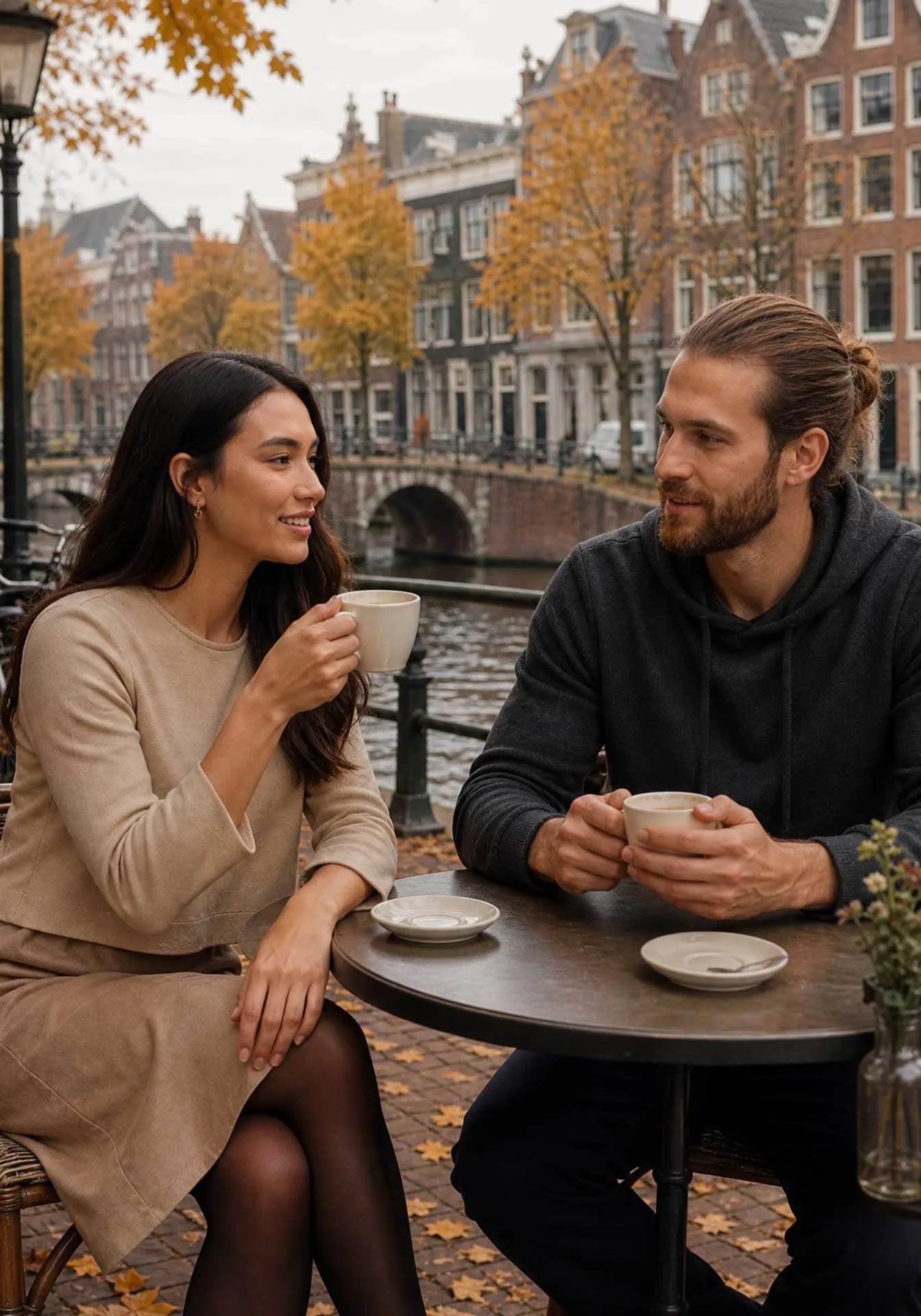 A woman wearing a camel 3/4 sleeve top and skirt and a man wearing a cashmere hoodie having coffee at an outside table on a canal in Amsterdam