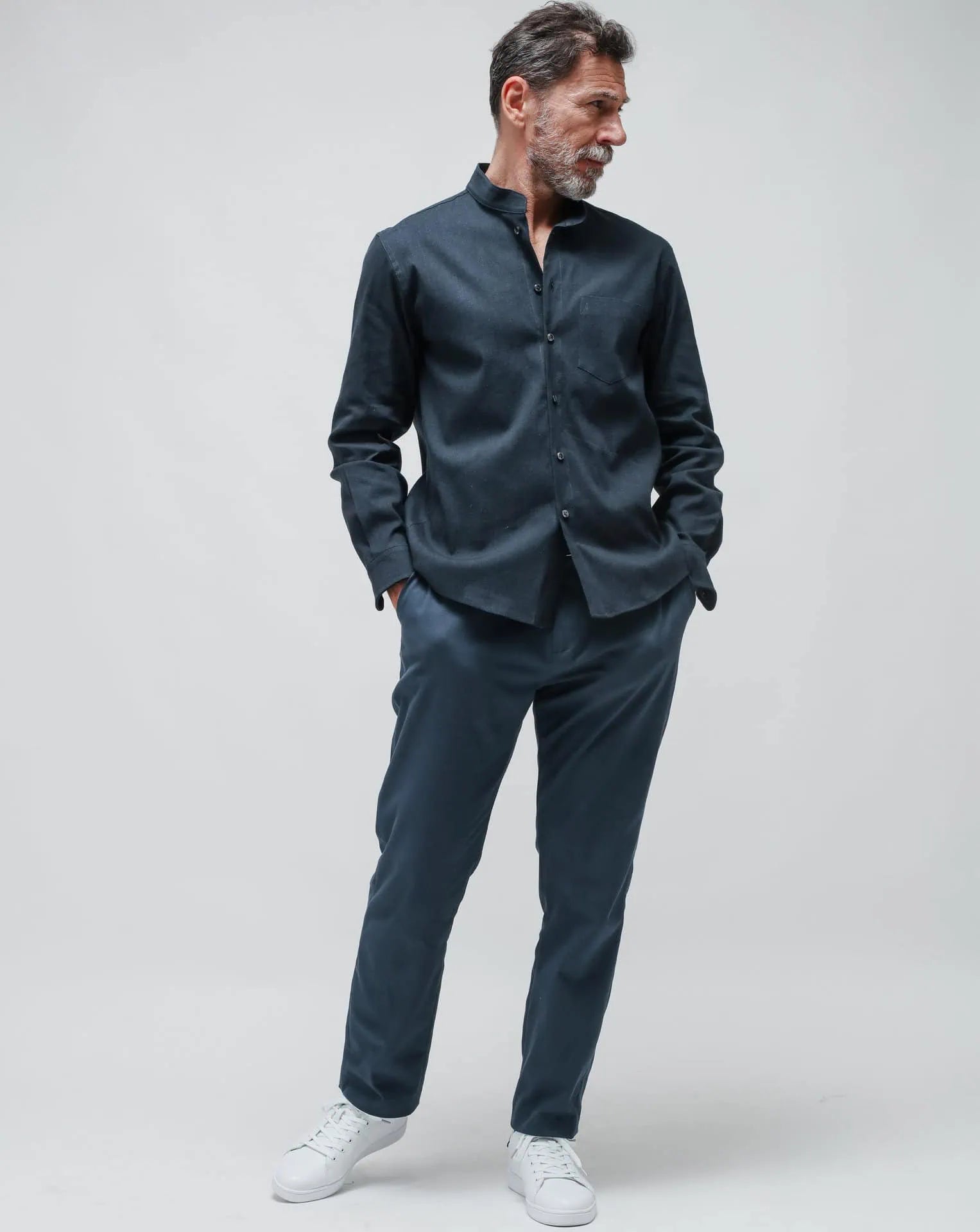 Camisa coreana de lino azul