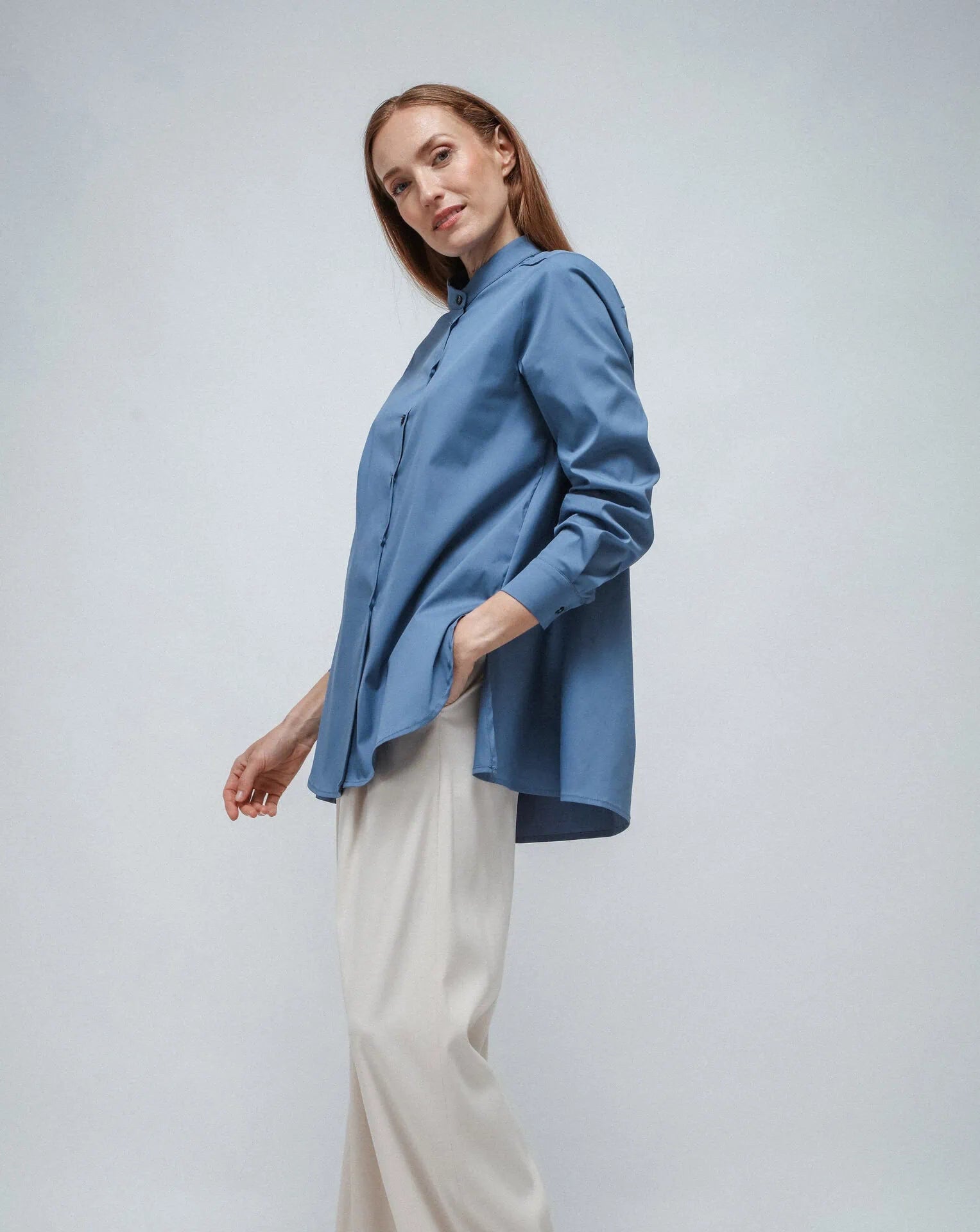 Camisa coreana larga azul claro