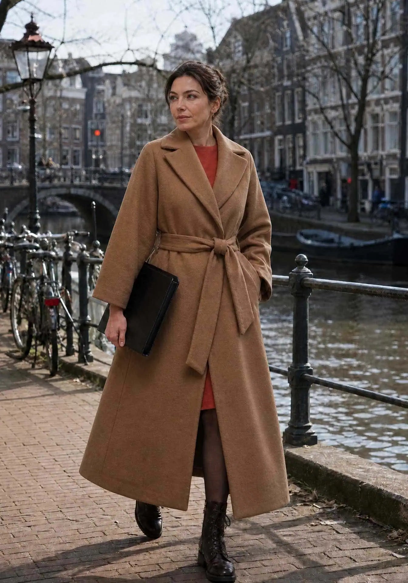 A woman wearing a long camel coat walking on the Canals of Amsterdam