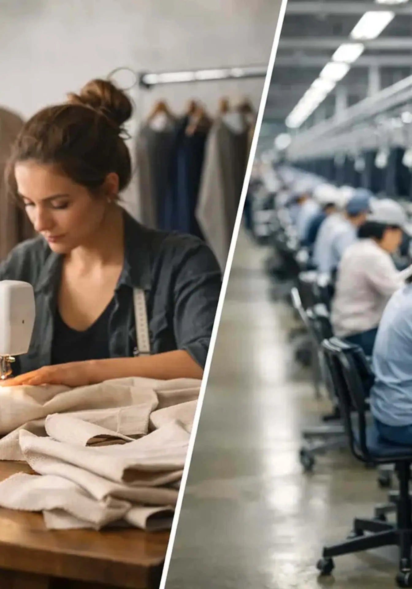 A woman sewing clothes by hand compared on the right side to a factory approach to bulk production