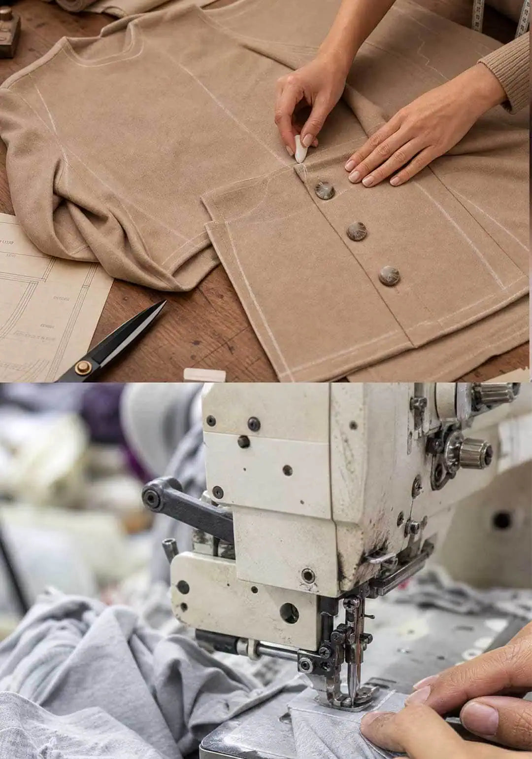 The hands of a woman handcrafting a camel top compared at he bottom with fast fashion factory