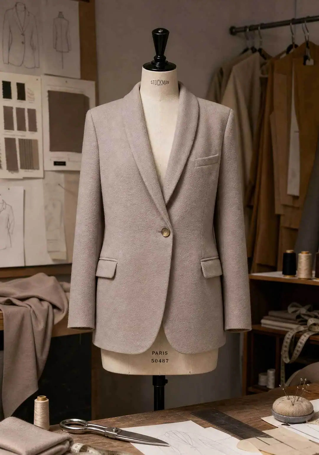 A picture of a Humans & Land women's single button jacket in grey wool on a mannequin in a tailor laboratory