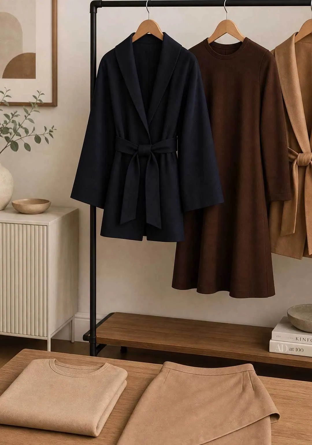 Clothing from Humans & Land laid out on a table and hanging in the background.