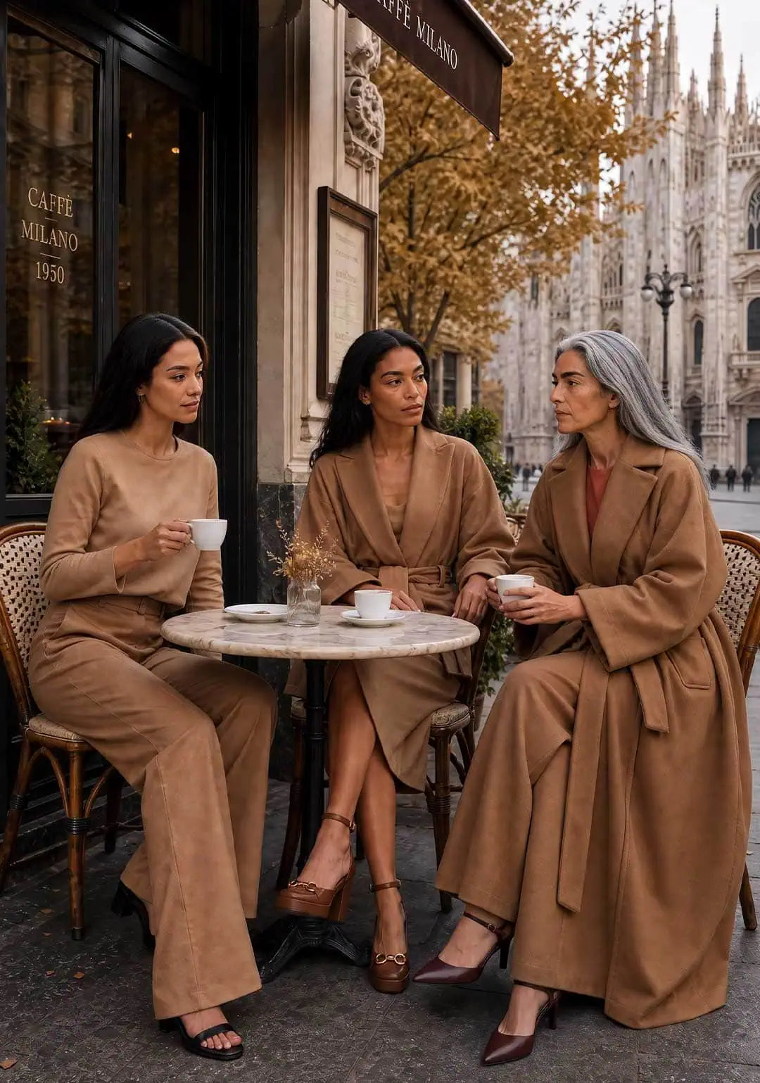 Three women sitting in Milano all wearing camel outfits in fall. A camel top and pants. Camel kimono and skirt. Camel coat.Having coffee in a square.