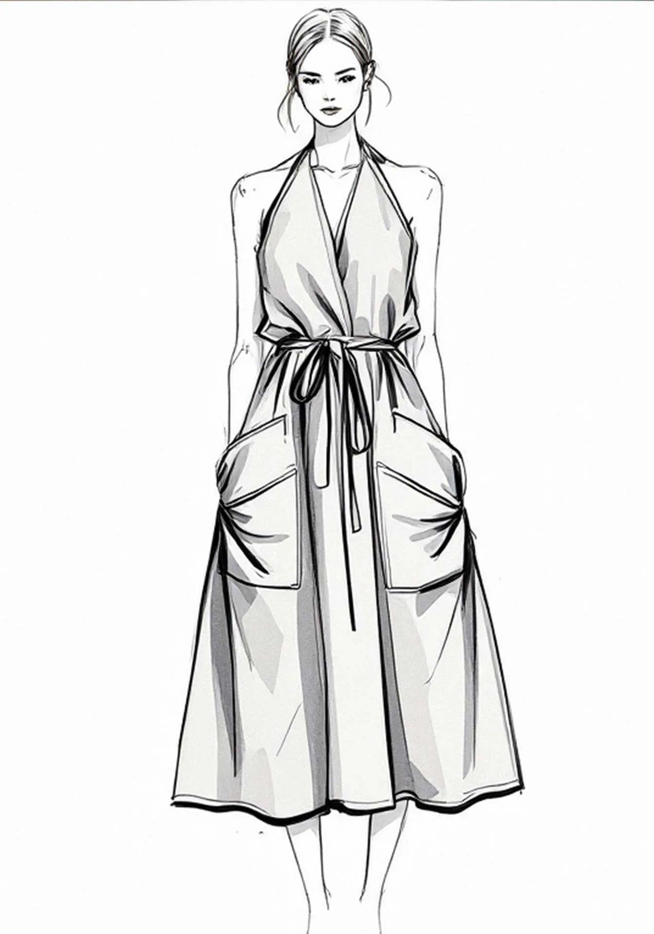 A fashion sketch of a woman wearing a halter dress with large pockets