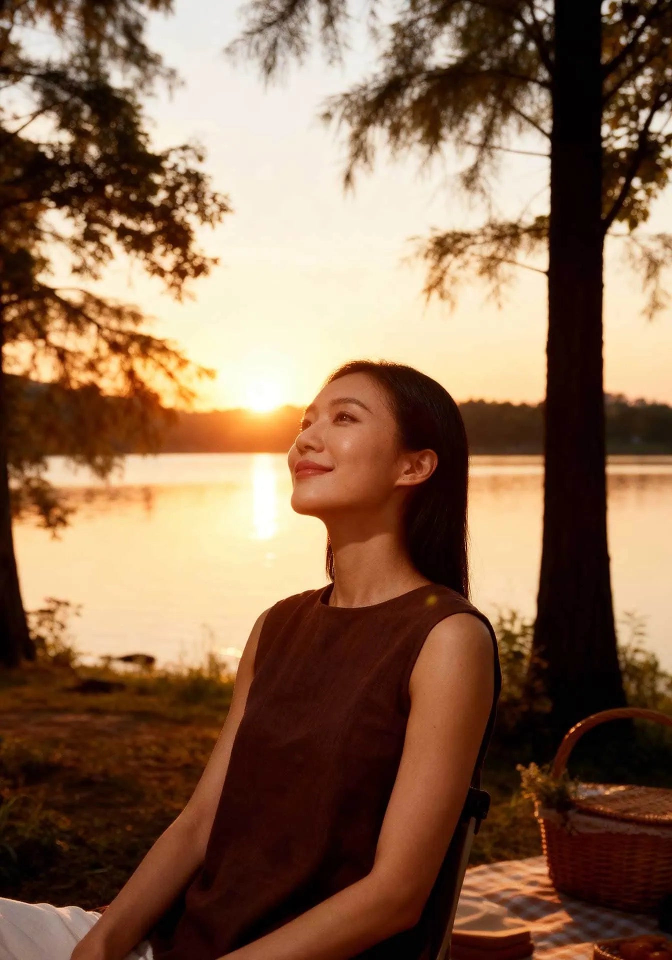 A woman sitting with a brown linen top with a V-back on the side of a lake at sunset