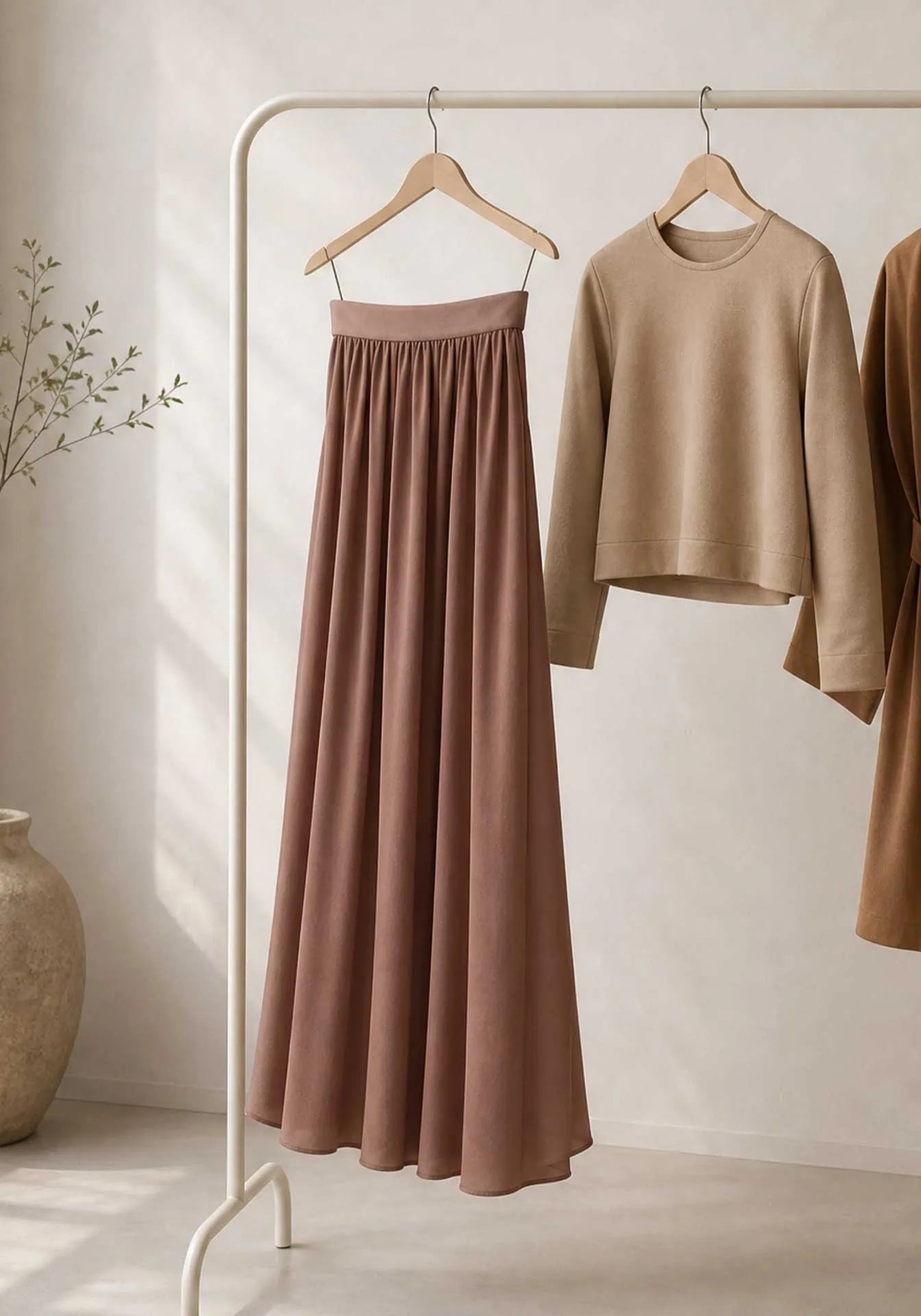 A few clothing items hanging from a rack in a minimalist room