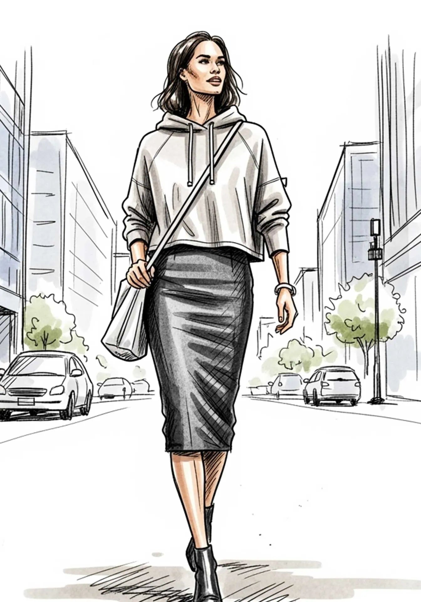 Fashion sketch of woman waling down a city street wearing a hoodie and a skirt