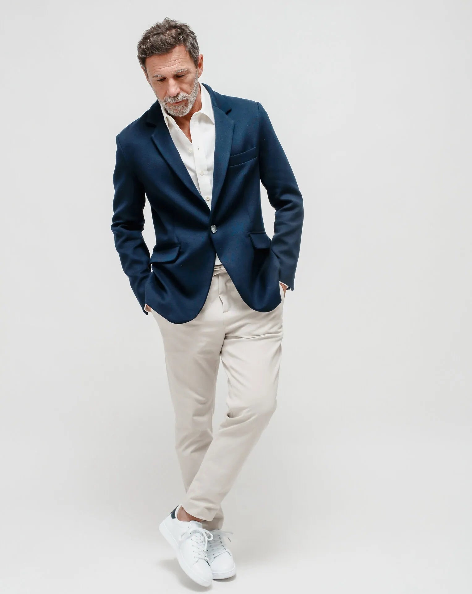 Navy Blue One-Button Jacket in Punto Milano