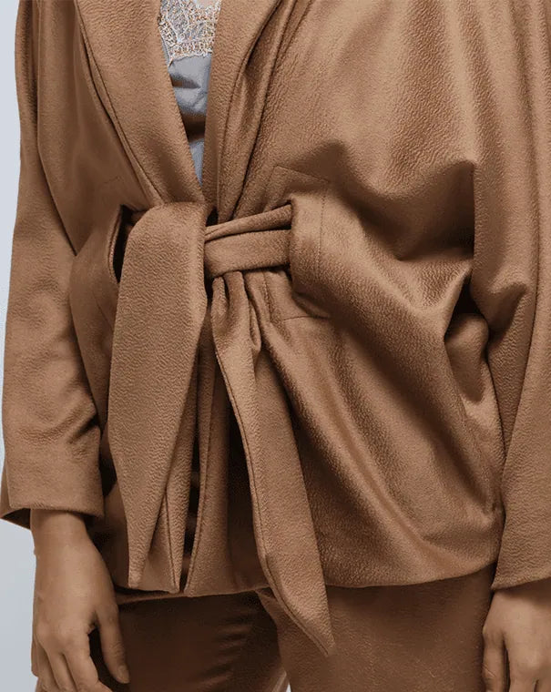 Camel kimono with a tie waist on a light white background.